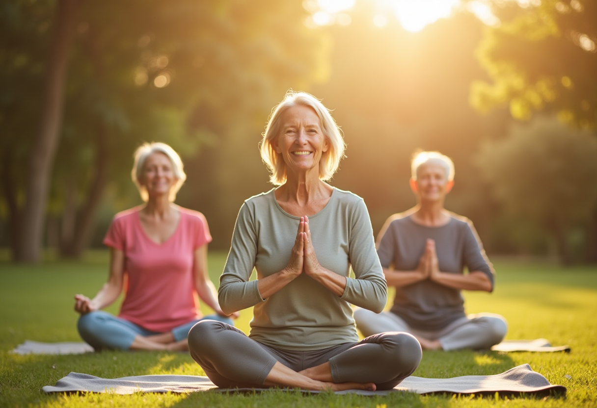 Група старших людей виконує м'які асани йоги під керівництвом досвідченого інструктора